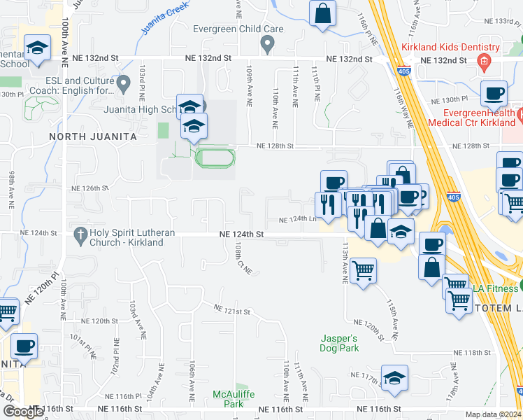 map of restaurants, bars, coffee shops, grocery stores, and more near 12437 110th Lane Northeast in Kirkland