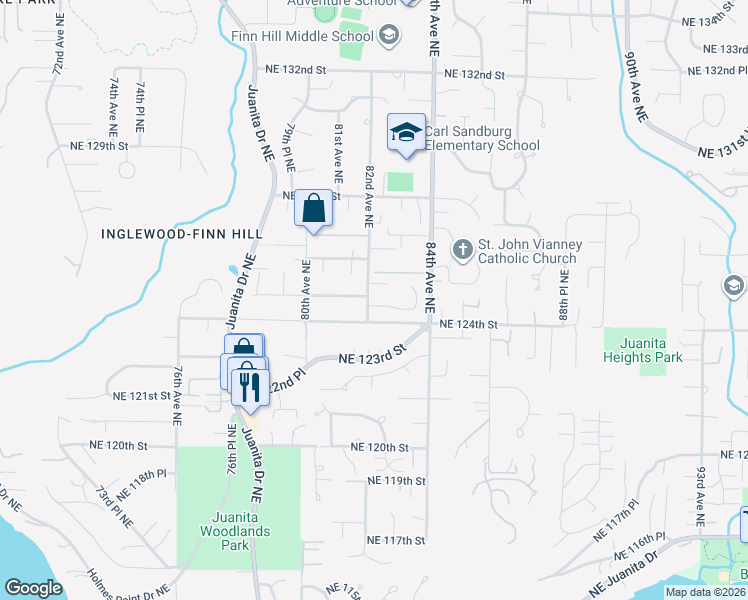 map of restaurants, bars, coffee shops, grocery stores, and more near 8202 Northeast 124th Place in Kirkland