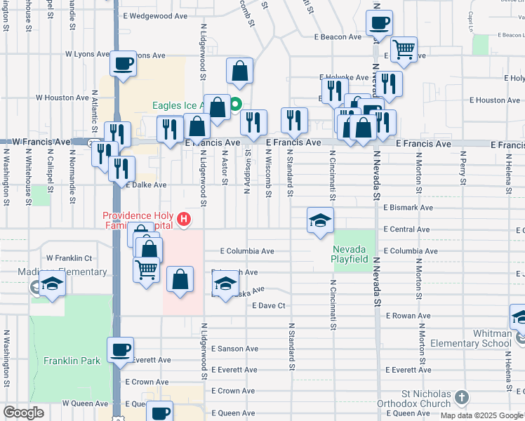 map of restaurants, bars, coffee shops, grocery stores, and more near 5921 North Wiscomb Street in Spokane