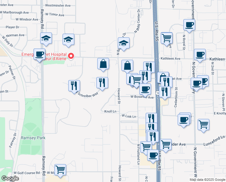 map of restaurants, bars, coffee shops, grocery stores, and more near 4465 North Meadow Ranch Avenue in Coeur d'Alene