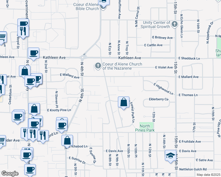 map of restaurants, bars, coffee shops, grocery stores, and more near 3854 North Honeysuckle Drive in Coeur d'Alene