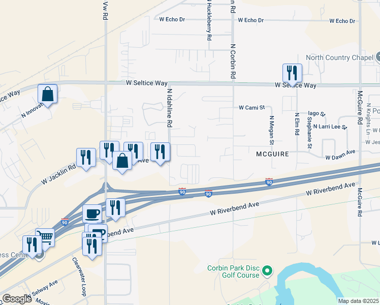 map of restaurants, bars, coffee shops, grocery stores, and more near 3422 West Vela Place in Post Falls