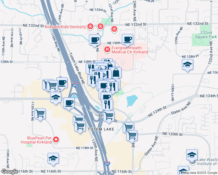 map of restaurants, bars, coffee shops, grocery stores, and more near 12530 Totem Lake Boulevard Northeast in Kirkland
