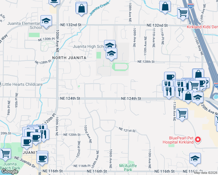 map of restaurants, bars, coffee shops, grocery stores, and more near 10515 Northeast 124th Court in Kirkland