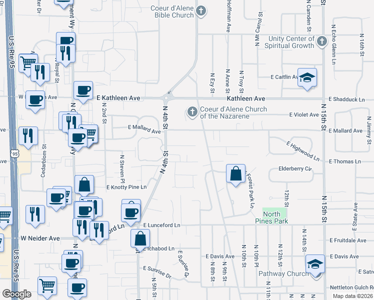 map of restaurants, bars, coffee shops, grocery stores, and more near 743 East Whispering Pines Lane in Coeur d'Alene