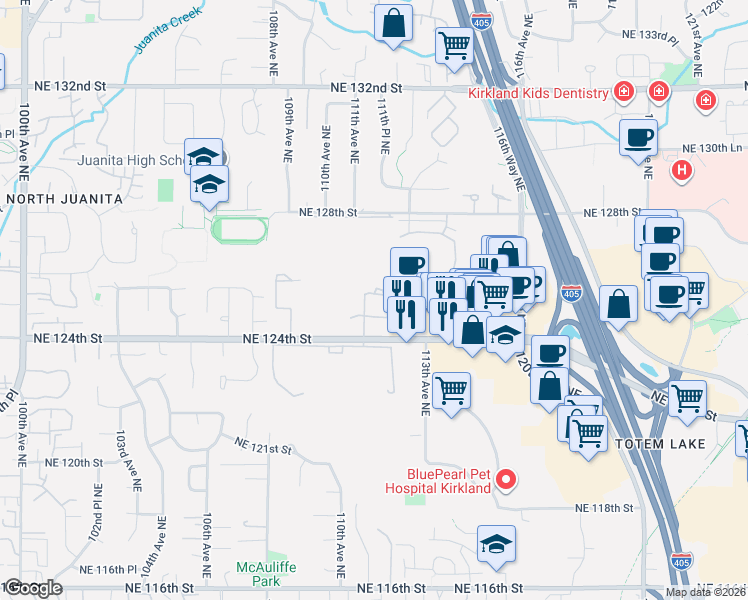 map of restaurants, bars, coffee shops, grocery stores, and more near 11107 Northeast 125th Lane in Kirkland