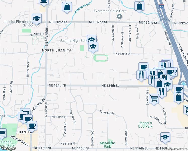 map of restaurants, bars, coffee shops, grocery stores, and more near 10609 Northeast 125th Place in Kirkland