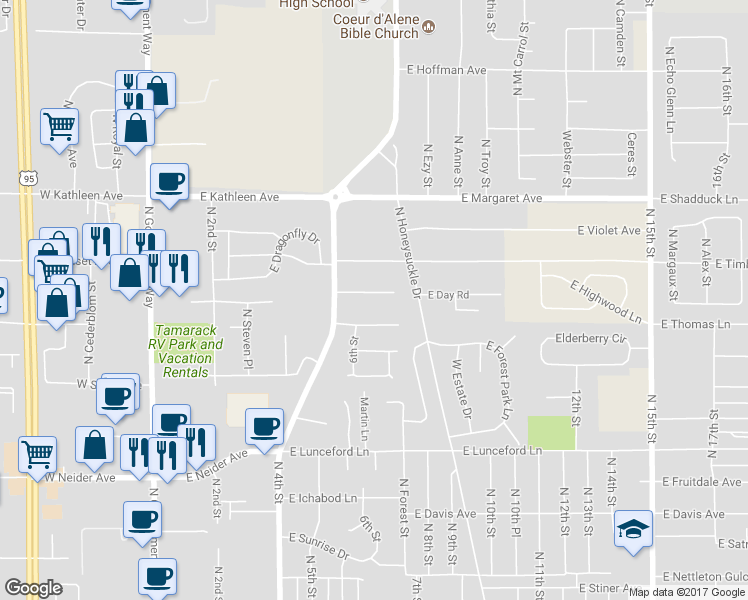 map of restaurants, bars, coffee shops, grocery stores, and more near 720 East Gregory Lane in Coeur d'Alene