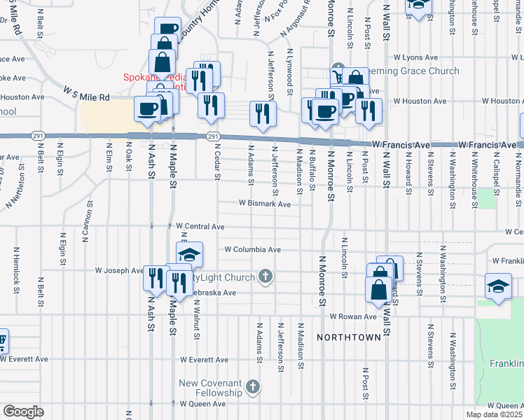 map of restaurants, bars, coffee shops, grocery stores, and more near 1204 West Central Avenue in Spokane