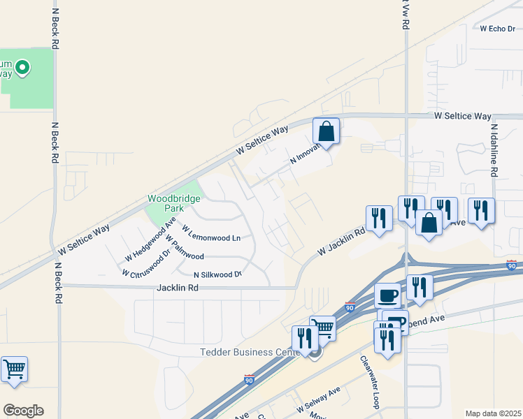 map of restaurants, bars, coffee shops, grocery stores, and more near 435 North Silkwood Drive in Post Falls