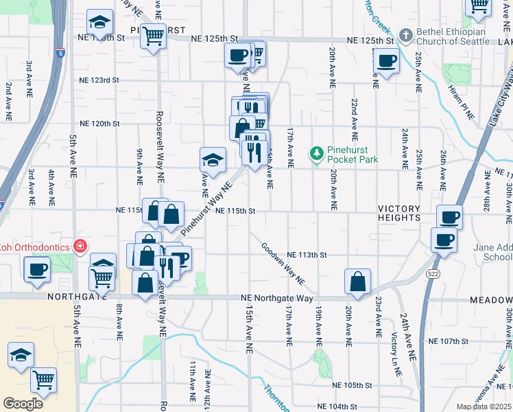 map of restaurants, bars, coffee shops, grocery stores, and more near 1517 Northeast 115th Street in Seattle
