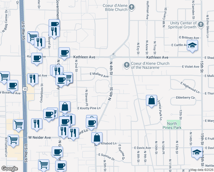map of restaurants, bars, coffee shops, grocery stores, and more near 3755 North 4th Street in Coeur d'Alene