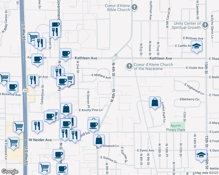 map of restaurants, bars, coffee shops, grocery stores, and more near 375 East Whispering Pines Lane in Coeur d'Alene