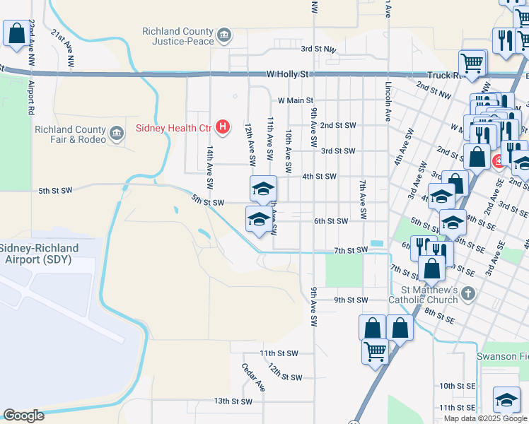 map of restaurants, bars, coffee shops, grocery stores, and more near 627 11th Avenue Southwest in Sidney