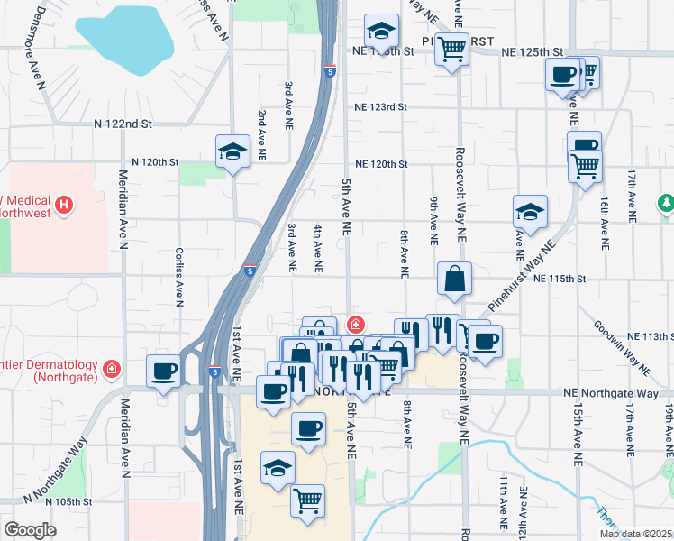 map of restaurants, bars, coffee shops, grocery stores, and more near 11353 5th Avenue Northeast in Seattle
