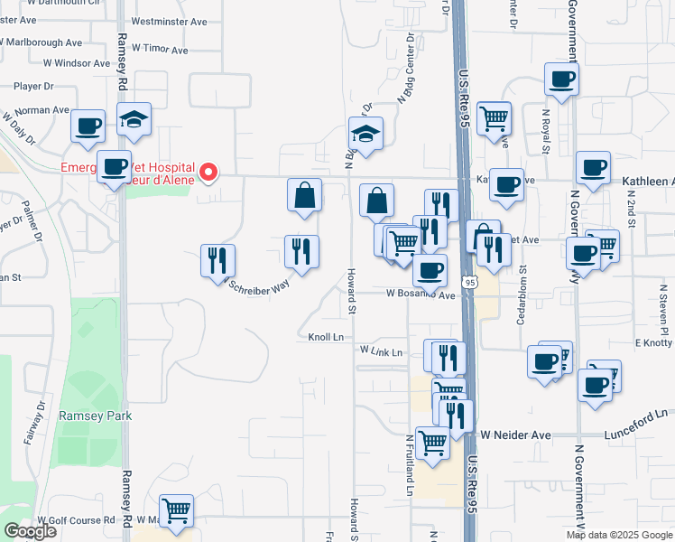 map of restaurants, bars, coffee shops, grocery stores, and more near 4489 Meadow Ranch Avenue in Coeur d'Alene