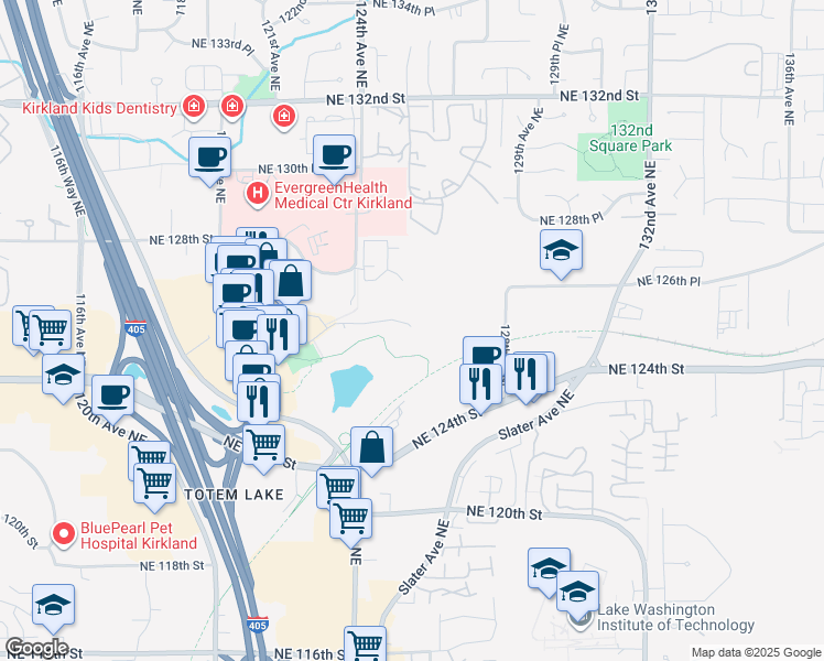 map of restaurants, bars, coffee shops, grocery stores, and more near 12439 Totem Lake Way in Kirkland