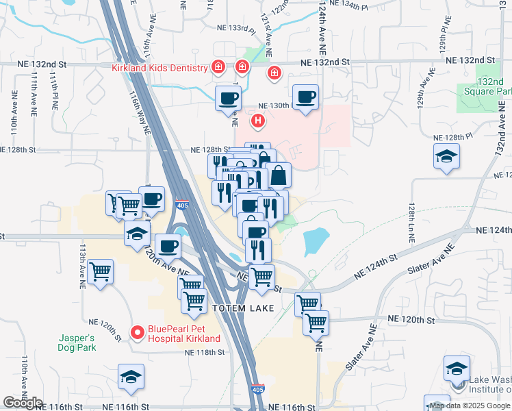 map of restaurants, bars, coffee shops, grocery stores, and more near 12530 Totem Lake Boulevard Northeast in Kirkland
