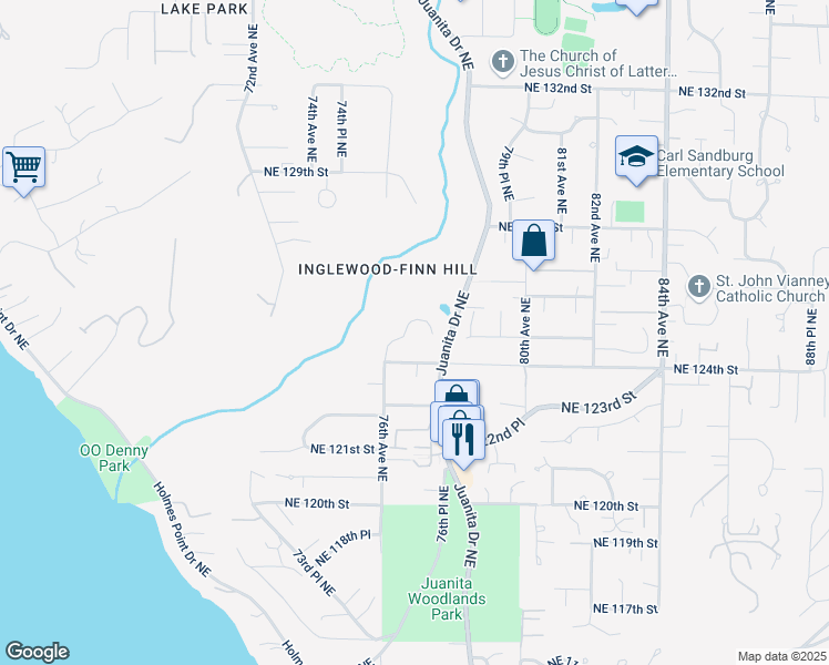 map of restaurants, bars, coffee shops, grocery stores, and more near 7610 Northeast 124th Street in Kirkland