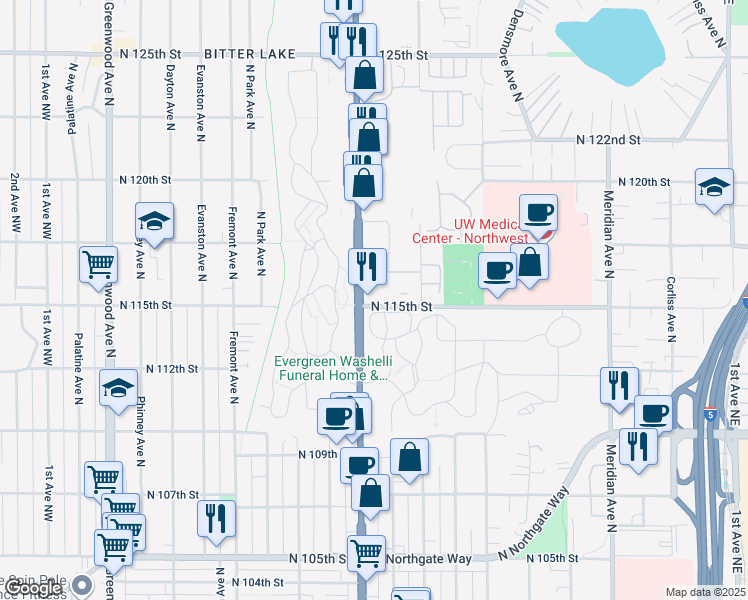 map of restaurants, bars, coffee shops, grocery stores, and more near in Seattle