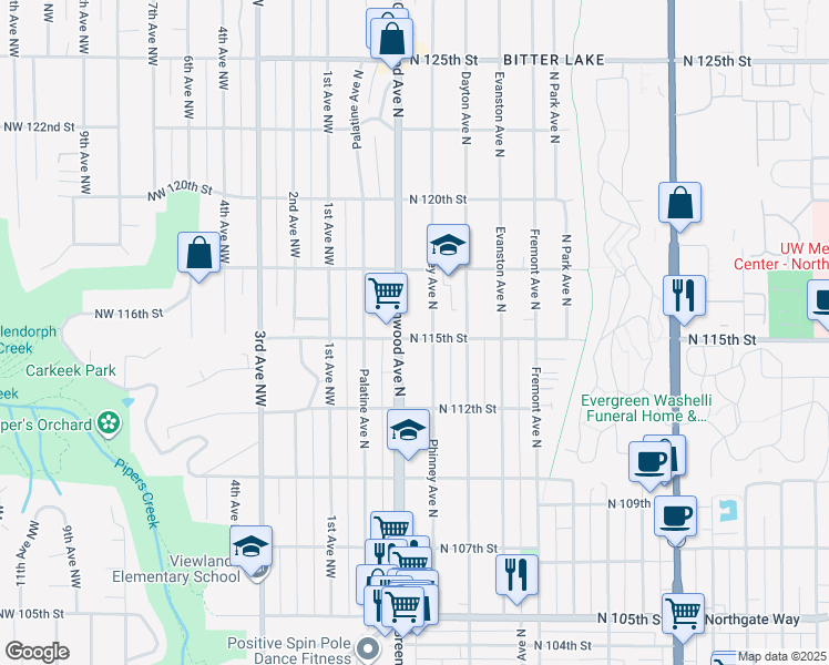 map of restaurants, bars, coffee shops, grocery stores, and more near 11250 Greenwood Avenue North in Seattle