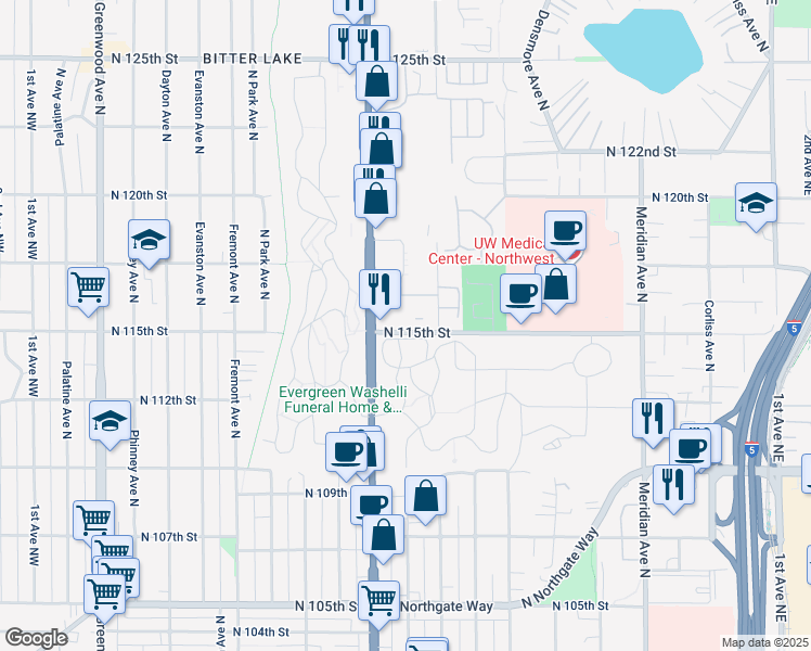map of restaurants, bars, coffee shops, grocery stores, and more near 1130 North 115th Street in Seattle