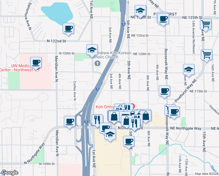 map of restaurants, bars, coffee shops, grocery stores, and more near 151 Northeast 115th Street in Seattle