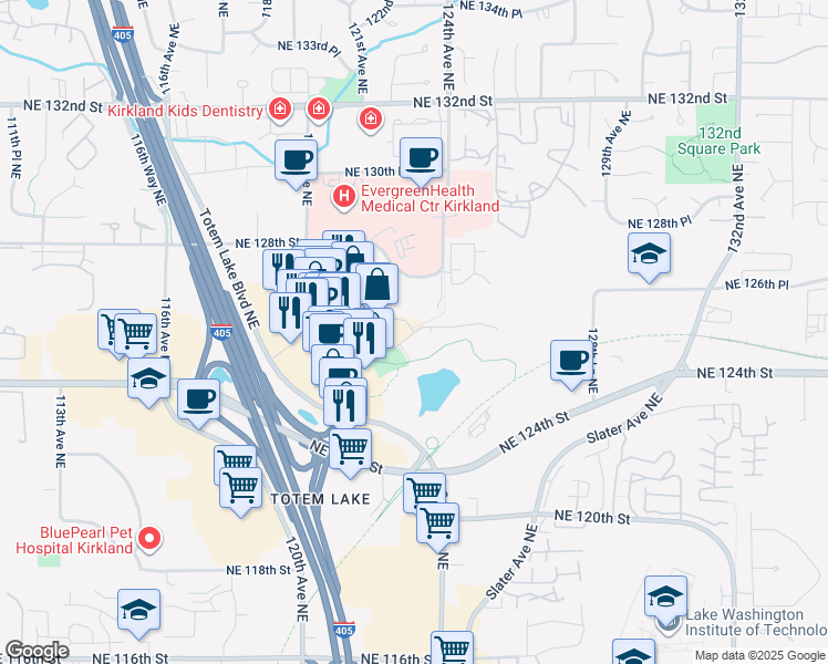 map of restaurants, bars, coffee shops, grocery stores, and more near Totem Lake Way in Kirkland