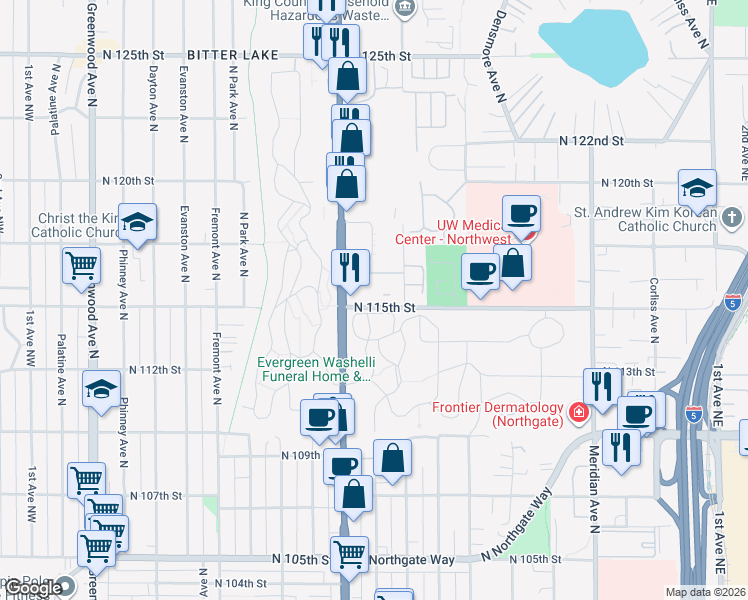 map of restaurants, bars, coffee shops, grocery stores, and more near 1130 North 115th Street in Seattle