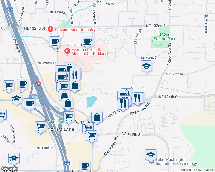 map of restaurants, bars, coffee shops, grocery stores, and more near 12439 Totem Lake Way in Kirkland