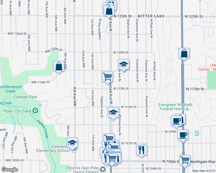 map of restaurants, bars, coffee shops, grocery stores, and more near 11501 Greenwood Avenue North in Seattle