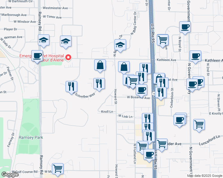 map of restaurants, bars, coffee shops, grocery stores, and more near 4497 Meadow Ranch Avenue in Coeur d'Alene