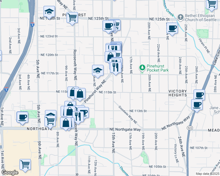 map of restaurants, bars, coffee shops, grocery stores, and more near 11501 15th Avenue Northeast in Seattle