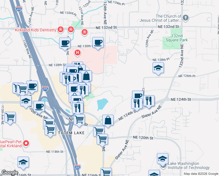 map of restaurants, bars, coffee shops, grocery stores, and more near 12411 Northeast Totem Lake Way in Kirkland