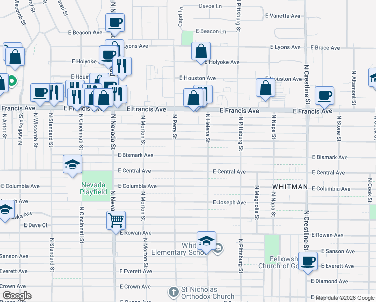 map of restaurants, bars, coffee shops, grocery stores, and more near 1500 East Bismark Avenue in Spokane