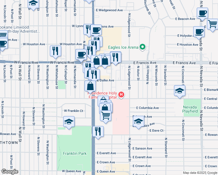 map of restaurants, bars, coffee shops, grocery stores, and more near 31 East Central Avenue in Spokane