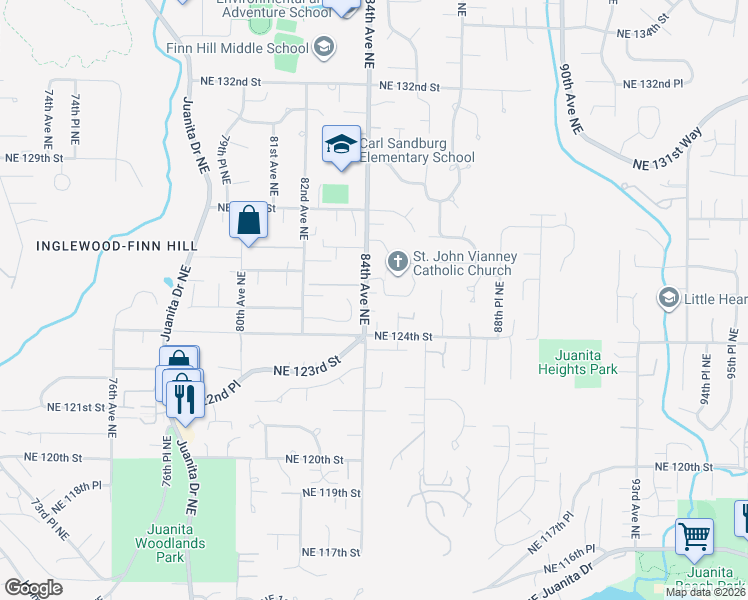 map of restaurants, bars, coffee shops, grocery stores, and more near 8410 Northeast 124th Street in Kirkland