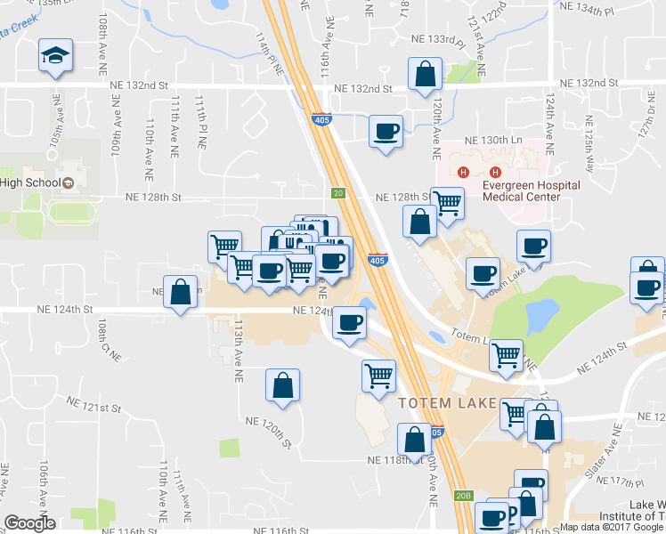 map of restaurants, bars, coffee shops, grocery stores, and more near 12514 116th Avenue Northeast in Kirkland