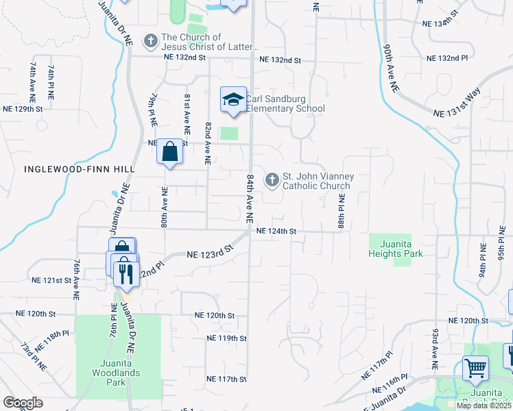map of restaurants, bars, coffee shops, grocery stores, and more near 8410 Northeast 124th Street in Kirkland