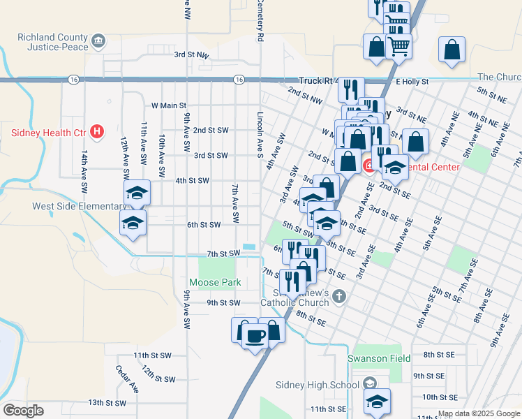 map of restaurants, bars, coffee shops, grocery stores, and more near 511 3rd Avenue Southwest in Sidney