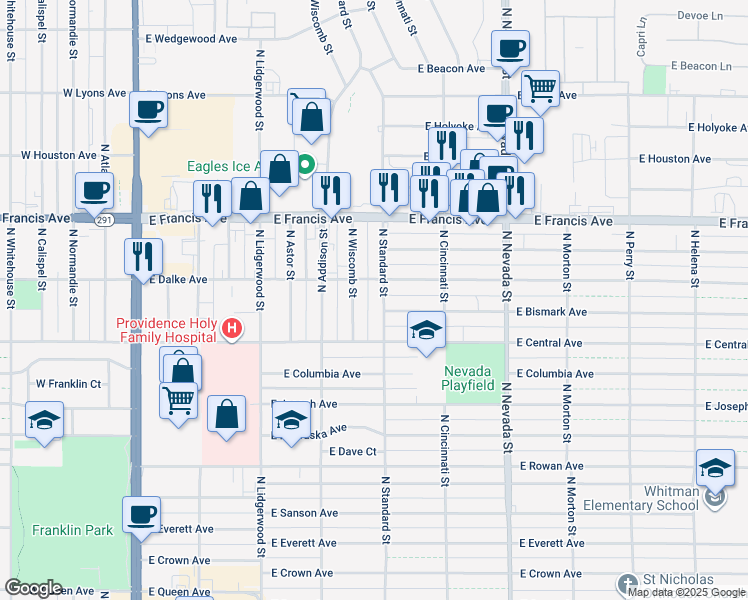 map of restaurants, bars, coffee shops, grocery stores, and more near 5909 North Standard Street in Spokane