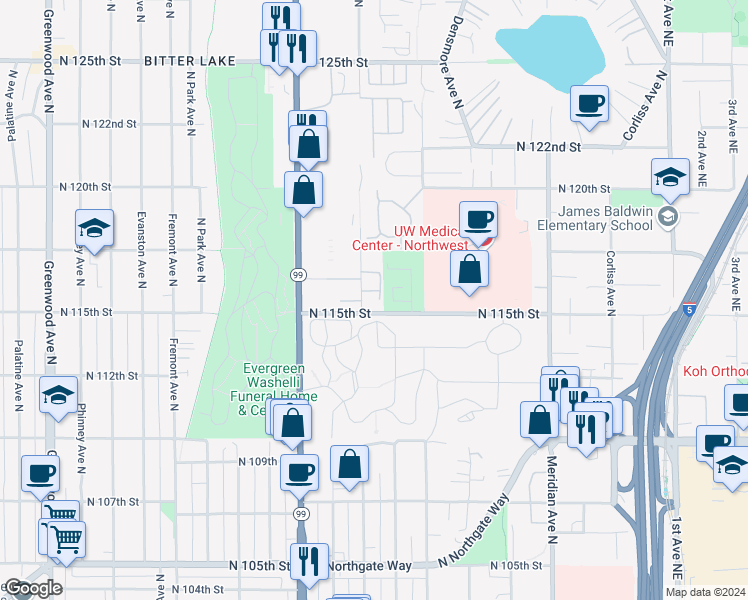map of restaurants, bars, coffee shops, grocery stores, and more near 11500 Stone Avenue North in Seattle