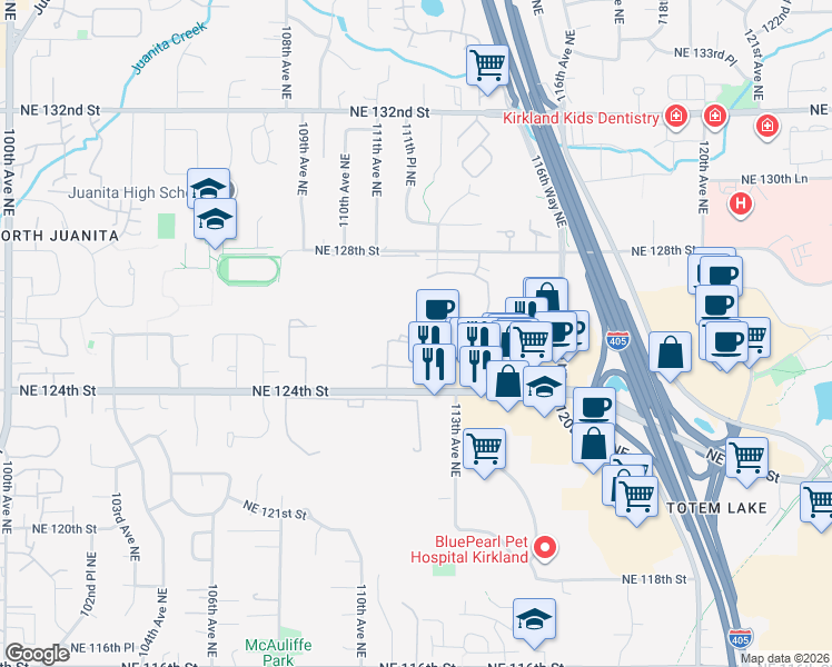 map of restaurants, bars, coffee shops, grocery stores, and more near 11224 Northeast 124th Street in Kirkland
