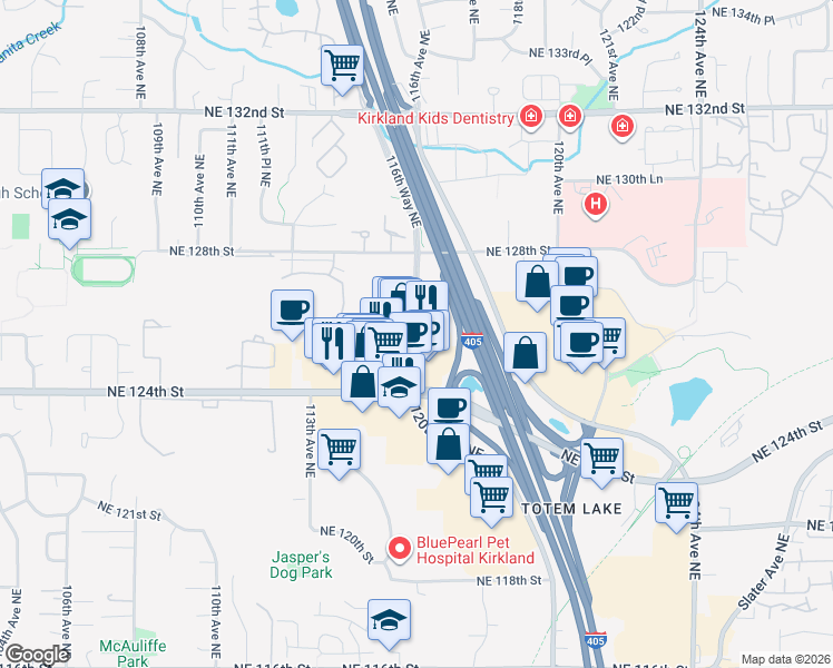 map of restaurants, bars, coffee shops, grocery stores, and more near 12700 116th Avenue Northeast in Kirkland