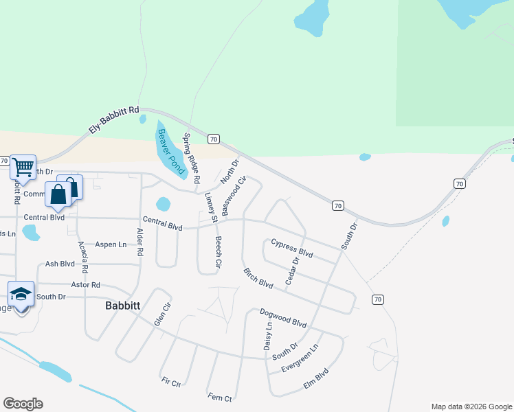 map of restaurants, bars, coffee shops, grocery stores, and more near 64 Birch Boulevard in Babbitt