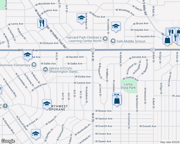 map of restaurants, bars, coffee shops, grocery stores, and more near 6019 North A Street in Spokane