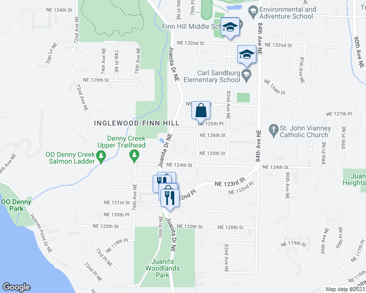 map of restaurants, bars, coffee shops, grocery stores, and more near 12602 Juanita Drive Northeast in Kirkland