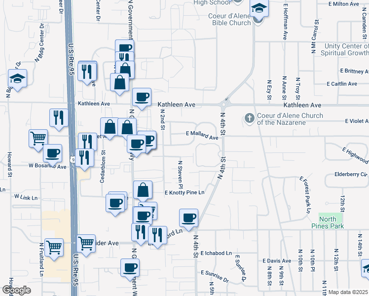 map of restaurants, bars, coffee shops, grocery stores, and more near 300 East Dragonfly Drive in Coeur d'Alene