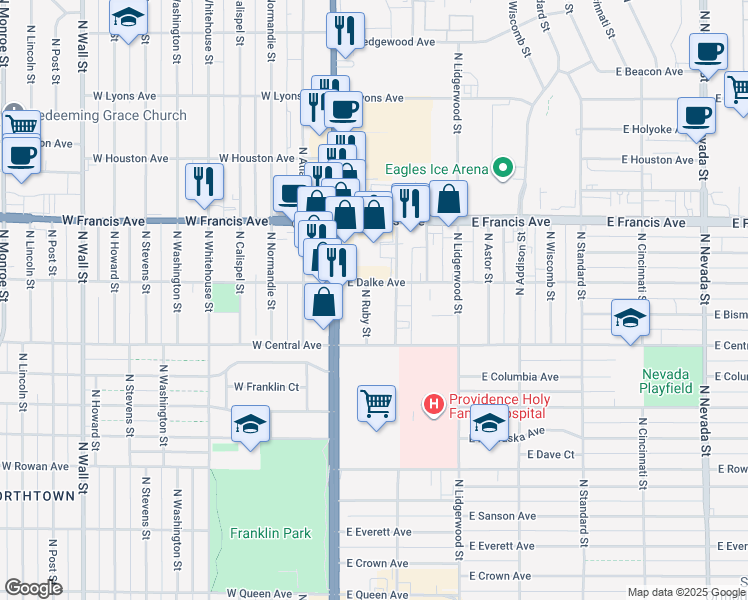 map of restaurants, bars, coffee shops, grocery stores, and more near 6208 North Division Street in Spokane