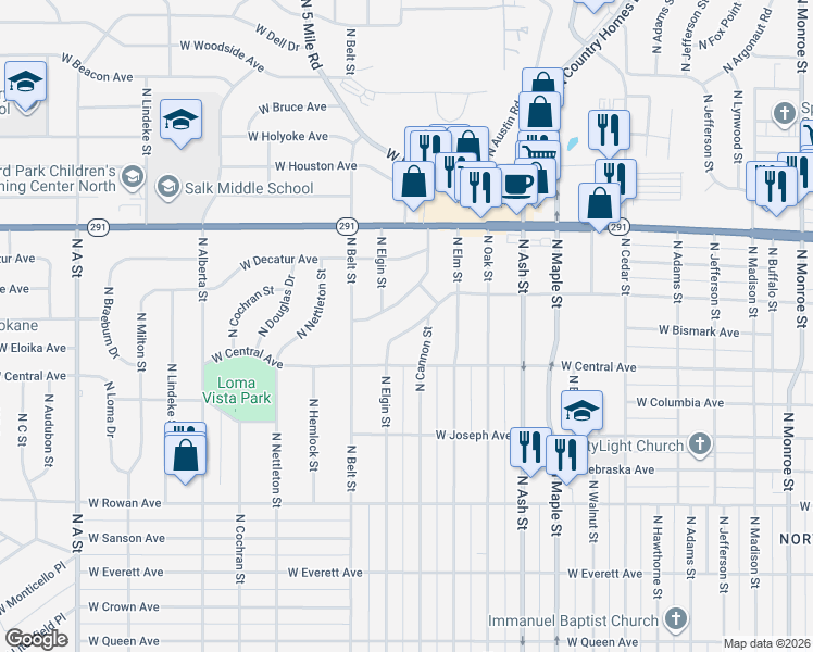 map of restaurants, bars, coffee shops, grocery stores, and more near 6010 North Montevista Place in Spokane